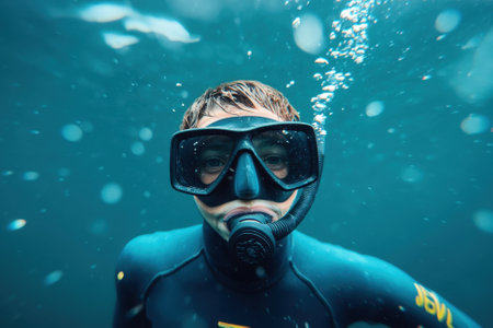 A young diver explores the underwater world, surrounded by bubbles and blue water, fully equipped for the adventure.の写真素材