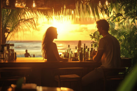 A couple sits at a bar overlooking the ocean, enjoying drinks as the sun sets beautifully in the background.の写真素材