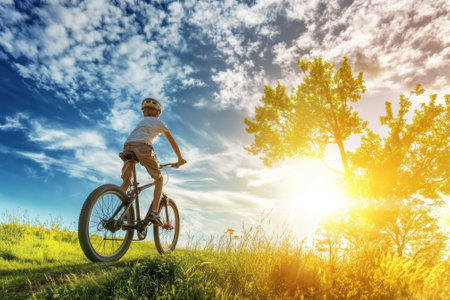 A child enjoys biking up a green hill as the sun sets, casting warm light and vibrant colors in the sky.の写真素材