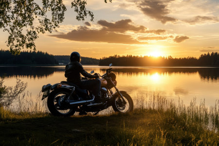 A motorcyclist sits beside a serene lake, watching the sunset reflect on the water's surface.の写真素材