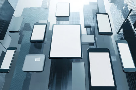A collection of smartphones and tablets floats above a futuristic cityscape, emphasizing modern technology's impact.の写真素材