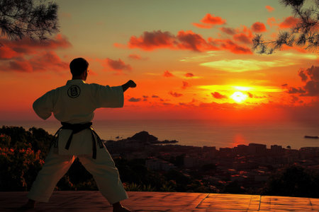 A martial artist in a karate uniform demonstrates a kata while enjoying a beautiful sunset at the coast.の写真素材