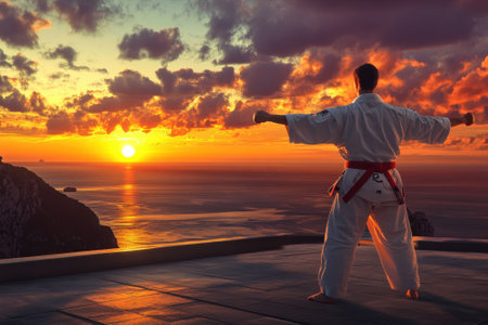 A martial artist in white uniform and red belt practices kata while the sun sets over the ocean cliffs.の写真素材