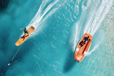 A wakeboarder skillfully glides across vibrant blue waters while being towed by a motorboat under sunny skies.の写真素材