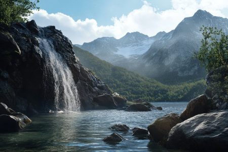 A stunning waterfall flows into a serene lake, with mountains and lush greenery in the background under a clear sky.の写真素材