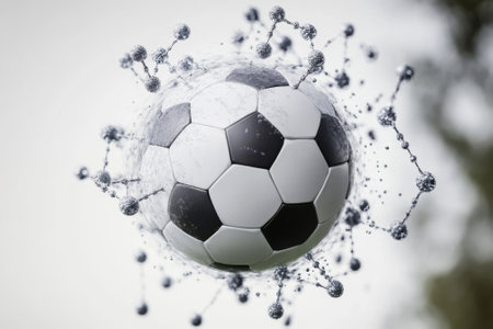 A soccer ball floats amidst molecular structures, illustrating the connection between sports and science.の写真素材