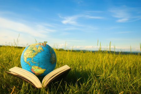 A colorful globe rests on an open book surrounded by lush green grass beneath a clear blue sky.の写真素材