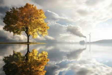 A colorful autumn tree reflects in calm water by the shore, with a boat and wind turbines nearby.の写真素材