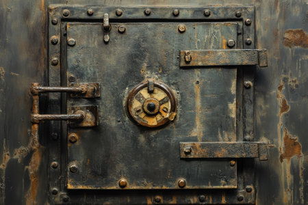 A close-up view of an old vault door showing rust, intricate design, and a complex locking mechanism.の写真素材