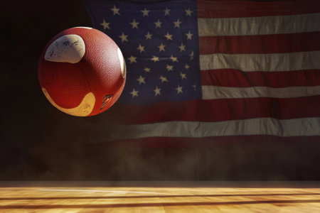 A football hovers in front of a large American flag in a gym, showing the sport's bond with the nation.の写真素材