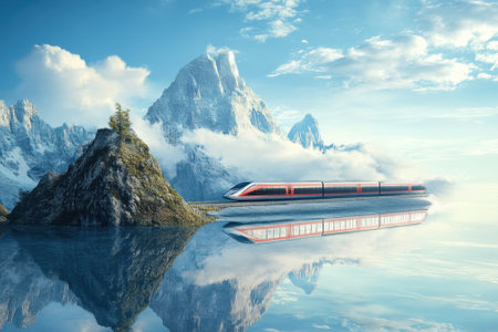 A sleek train glides through stunning mountains under a clear sky, reflected in tranquil waters nearby.の写真素材
