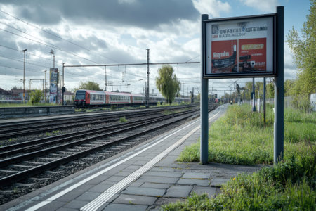 A commuter train approaches a station with vibrant greenery along the tracks on a cloudy afternoon.の写真素材