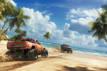Two monster trucks speed across a sandy beach, kicking up sand while palm trees sway in the breeze.の写真素材