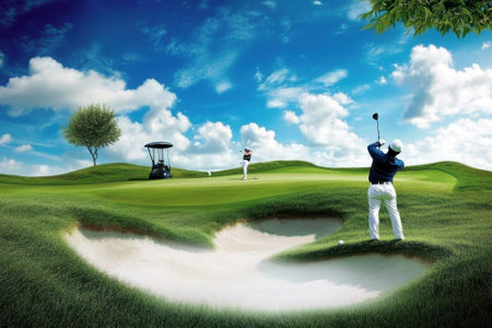 A golfer swings at a golf ball from a sand trap while another player watches on a sunny day.の写真素材