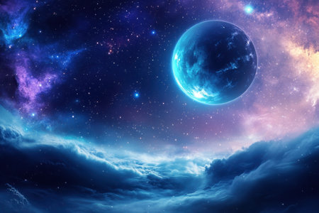 Stars twinkle in the night sky, while a bright planet shines amidst colorful cosmic clouds.の写真素材