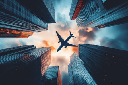 An airplane soars through the sky surrounded by tall buildings as the sun sets, creating a dramatic view.の写真素材