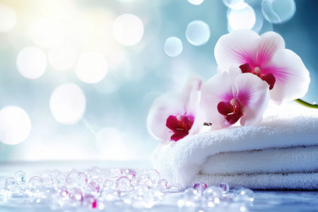A serene setting with soft towels and elegant orchids evokes a calming spa experience for rejuvenation.の写真素材