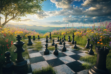 A chessboard sits amidst colorful wildflowers as the sun sets behind rolling hills under a blue sky.の写真素材