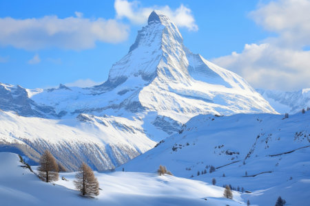 Snow blankets the landscape as the Matterhorn rises brilliantly against a bright, clear sky.の写真素材
