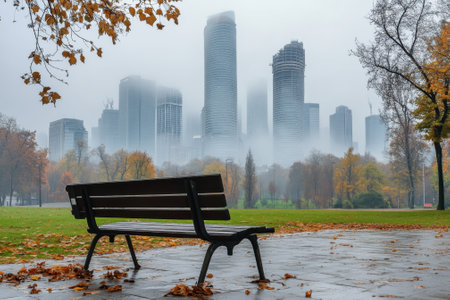 A park bench overlooks a misty city skyline shrouded in fog among vibrant autumn foliage.の写真素材