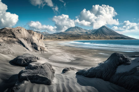 A beautiful sandy beach stretches under a clear blue sky with fluffy clouds, framed by rocky cliffs and mountains.の写真素材