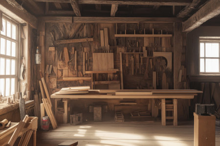 A rustic woodworking shop features a wooden workbench, tools, and an abundance of lumber scattered around.の写真素材