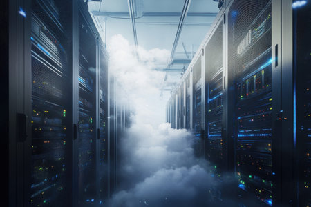 Server racks line the corridor of a data center, with a cloud of mist enhancing the technological setting.の写真素材