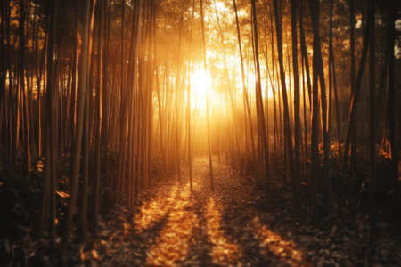 Sunlight streams through tall bamboo trees at dawn, illuminating a tranquil path in a serene forest.の写真素材