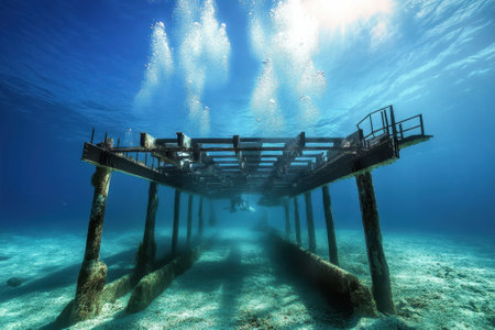 Divers explore an underwater structure surrounded by bubbles and sunlight filtering through the water.の写真素材