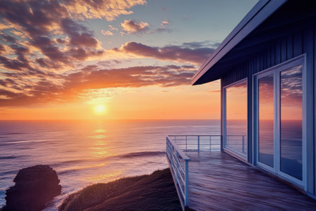 Colorful sunset illuminates the ocean while a sleek house overlooks the serene landscape from its balcony.の写真素材