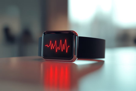 A smartwatch shows an animated heartbeat line on its screen, placed on a sleek surface in soft lighting.の写真素材