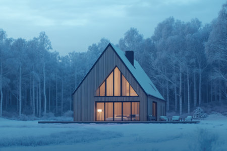 A cozy wooden cabin sits under a twilight sky, surrounded by snow-covered trees, creating a serene winter atmosphere.の写真素材