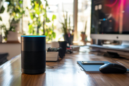 A smart speaker is positioned on a wooden desk near a computer and lush green plants, creating a cozy workspace.の写真素材
