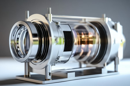 A close view of a precision-engineered lens assembly, highlighting its detailed structure and craftsmanship.の写真素材