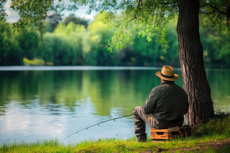 A person sits comfortably by a serene lake, fishing and enjoying nature in the peaceful afternoon light.の写真素材