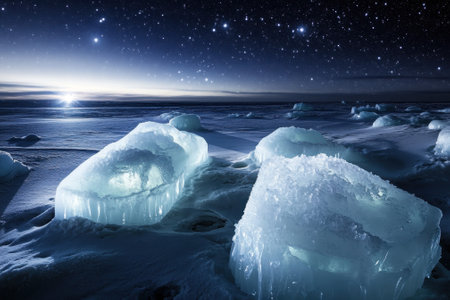 Breathtaking ice chunks reflect starlight on a frozen ocean at night, creating a serene winter wonderland.の写真素材