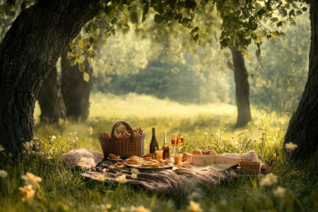 Friends gather for a joyful picnic, enjoying delicious food and drinks beneath shaded trees on a sunny day.の写真素材