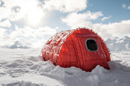 A vibrant orange tent sits amid a vast snow-covered landscape under a bright sky. Mountain tower in the distance.の写真素材
