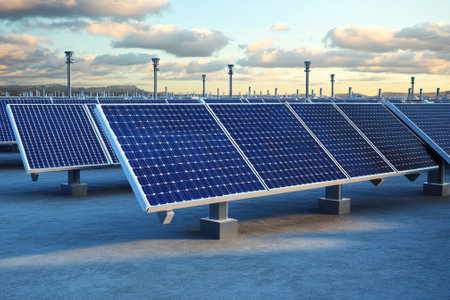 Solar panels are arranged in rows at a renewable energy facility, under a partly cloudy sky during daytime.の写真素材