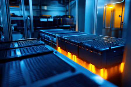 Servers in a high-tech data center glow with orange light while processing vast amounts of information.の写真素材