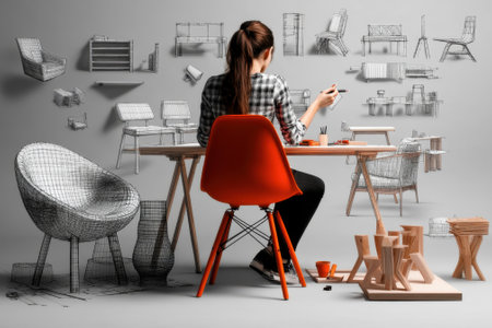 A designer works on furniture sketches while surrounded by wireframe designs on a gray background.の写真素材
