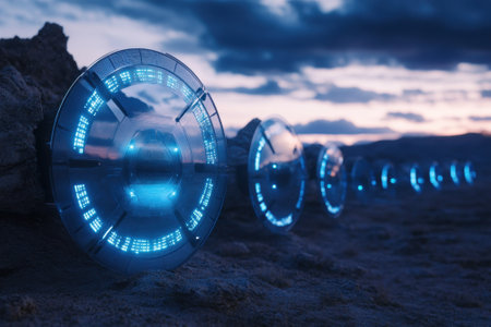 Glowing circular devices illuminate the rocky ground at sunset, creating a striking visual in a remote area.の写真素材