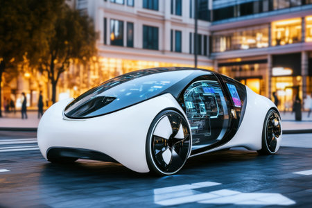 A sleek electric vehicle is parked on a busy city street, highlighting innovative technology and design.の写真素材
