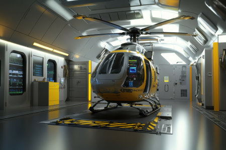 A helicopter is parked in a high-tech facility, showcasing advanced systems and a sleek, modern design.の写真素材