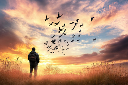 A lone individual stands in a grassy field, observing birds soaring in the colorful sky during sunset.の写真素材