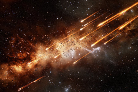 Streaks of light from meteors race across the cosmos, illuminating a vast galaxy filled with stars.の写真素材