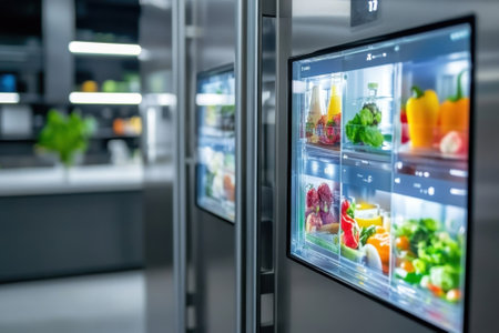 Smart refrigerators are showing food items and fresh produce in a contemporary kitchen setting.の写真素材