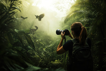 A woman with a camera ventures into a lush tropical forest, photographing birds at dawn.の写真素材