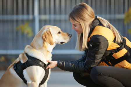 A woman and her golden retriever share a moment in an urban park, enjoying the warm afternoon sunshine.の写真素材