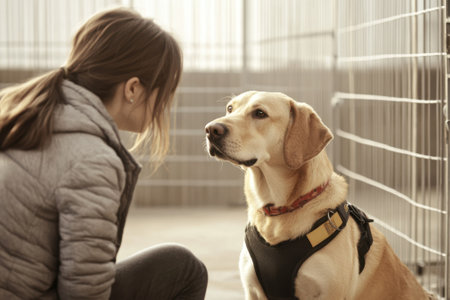 A young girl sits on the floor, engaged with a yellow labrador in an animal shelter setting.の写真素材
